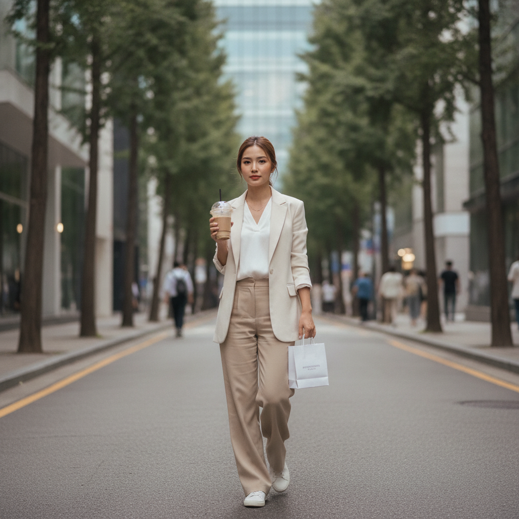 Thai woman in her late twenties walking down a Seoul Apgujeong street with an iced coffee after a clinic appointment.