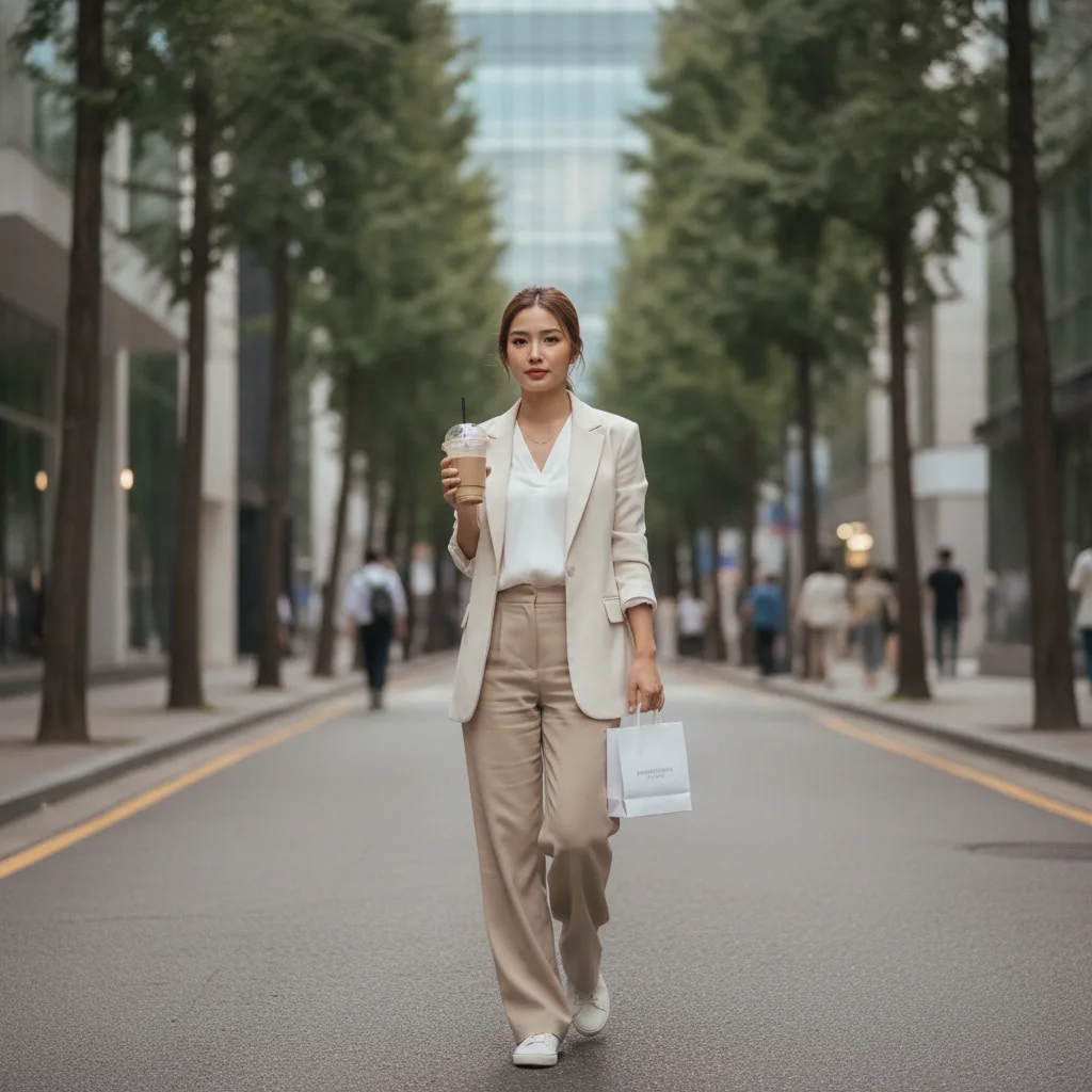 Thai woman in her late twenties walking down a Seoul Apgujeong street with an iced coffee after a clinic appointment.
