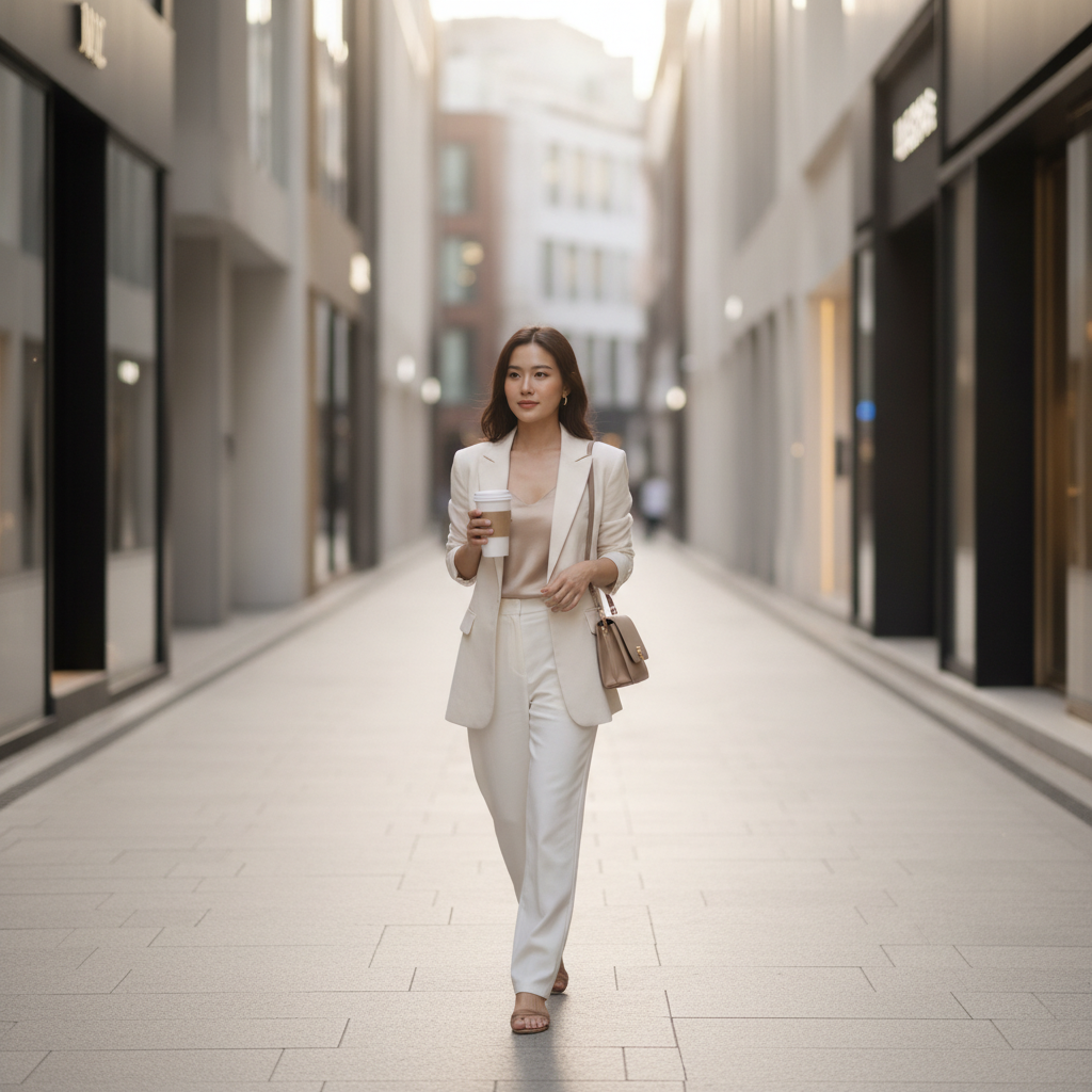 Pan-Asian woman walking a Cheongdam-dong street post-treatment with dewy glowing skin in golden-hour light