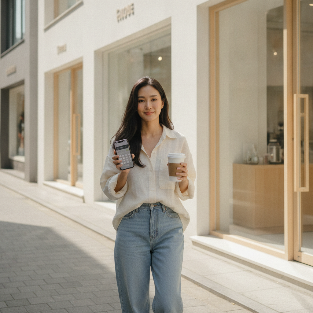 Woman walking a Sinsa-dong street in Seoul checking a calculator on her phone after a clinic consultation