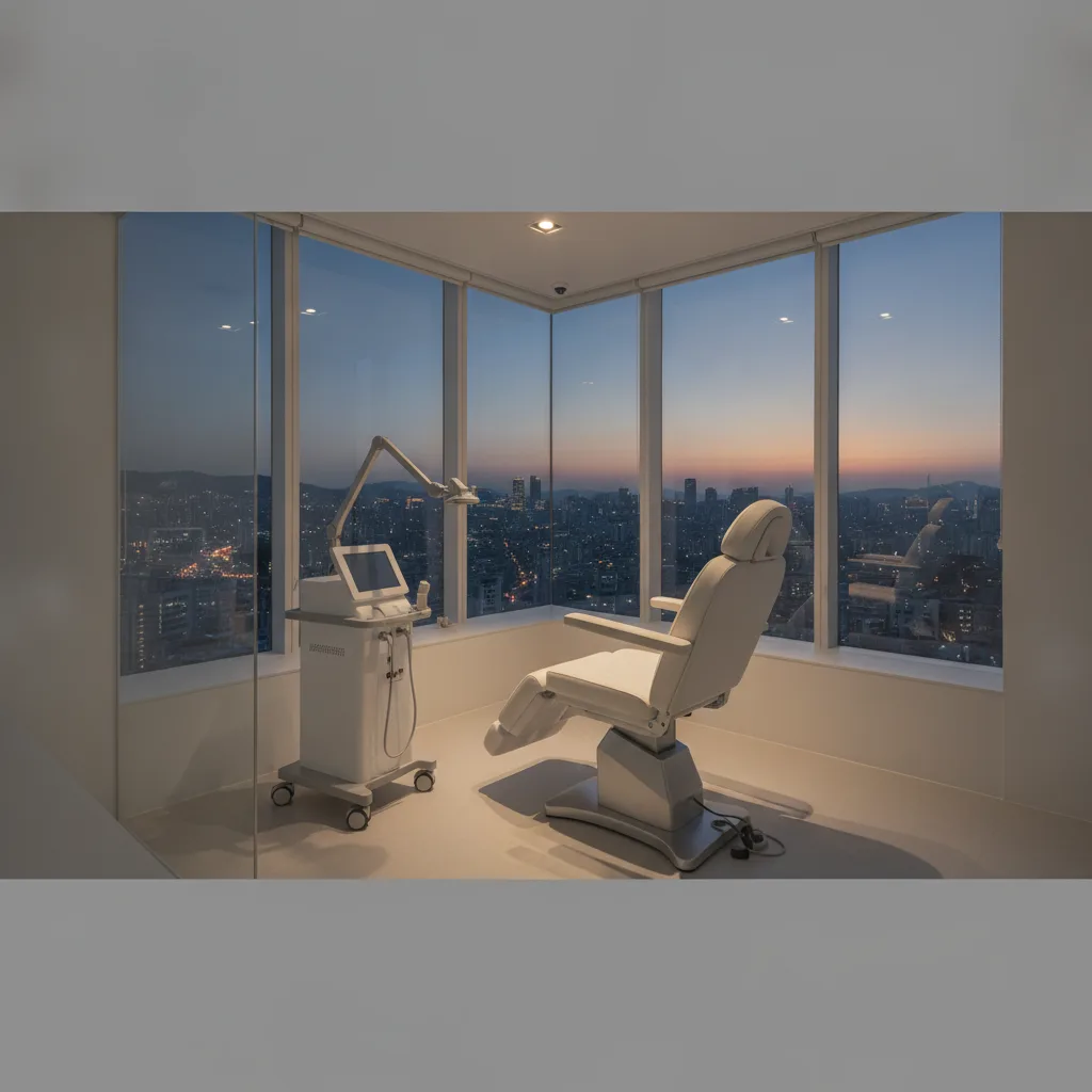 Modern Gangnam aesthetic clinic treatment room at dusk with a HIFU device on a steel arm beside a leather treatment chair