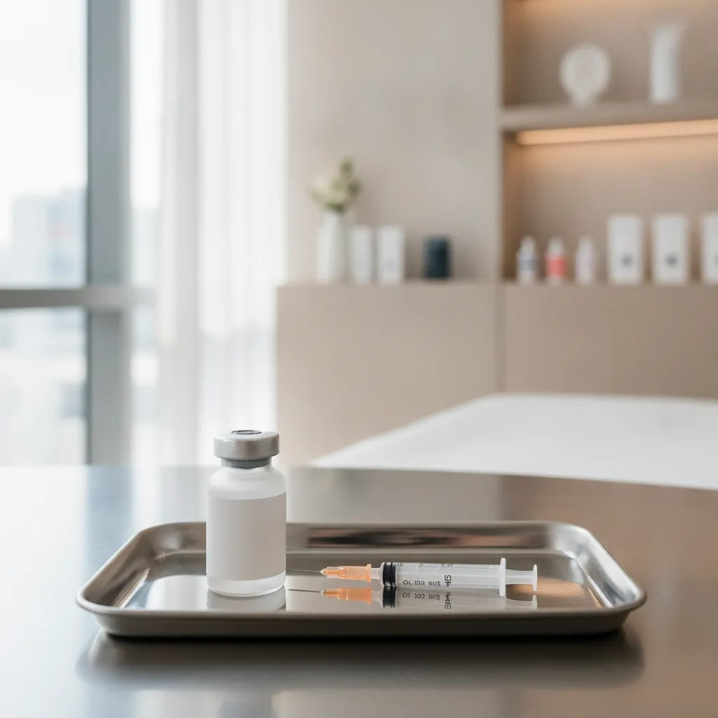 Stainless treatment tray with botulinum toxin vial and 33G syringe in a Gangnam aesthetic clinic