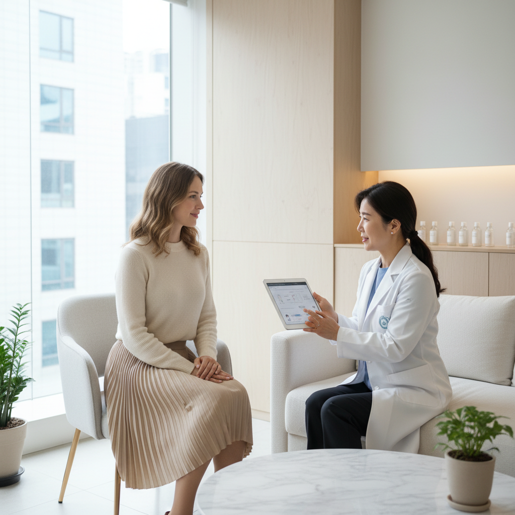 Caucasian woman in her thirties consulting with a doctor in a modern Seoul aesthetic clinic treatment room