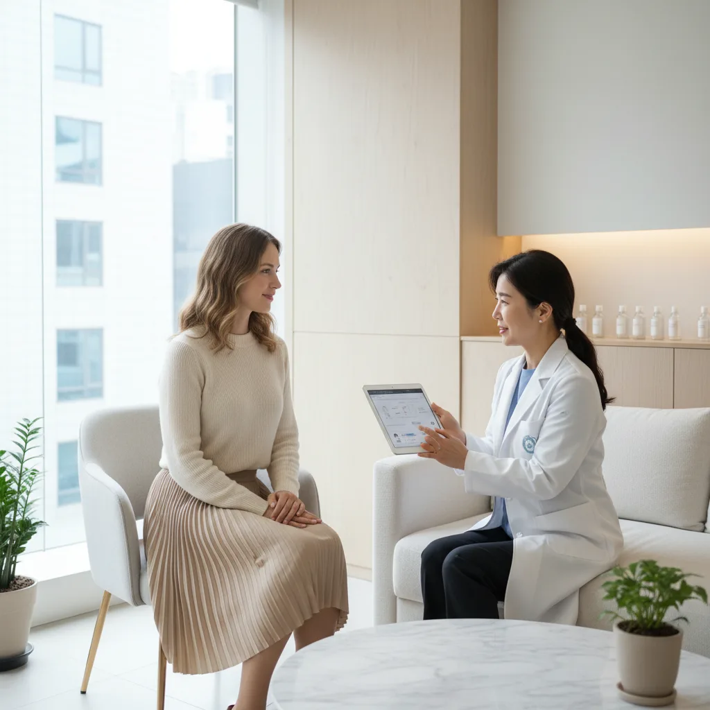 Caucasian woman in her thirties consulting with a doctor in a modern Seoul aesthetic clinic treatment room