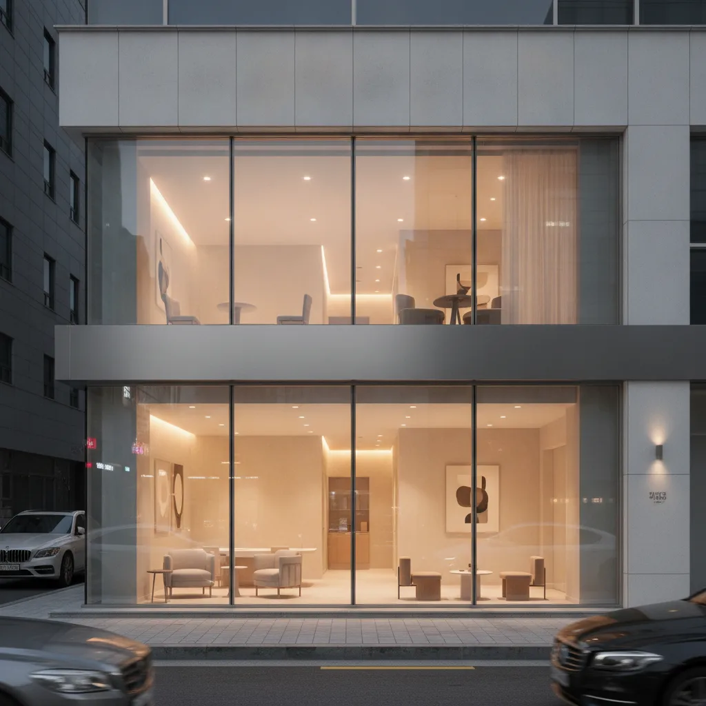 Glass facade of an Apgujeong aesthetic surgical clinic at dusk in Seoul