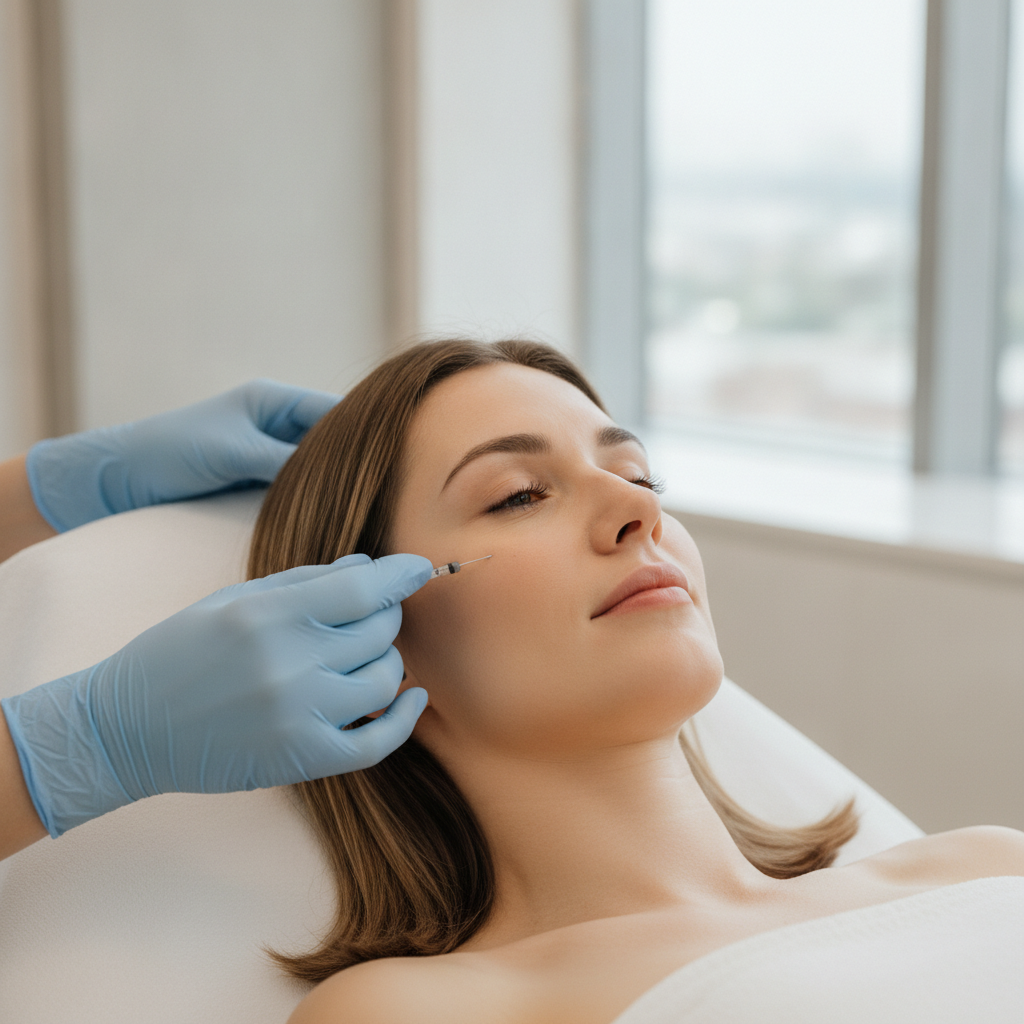 Close-up of a patient receiving a fine-needle skin-quality injection at a Gangnam aesthetic clinic.
