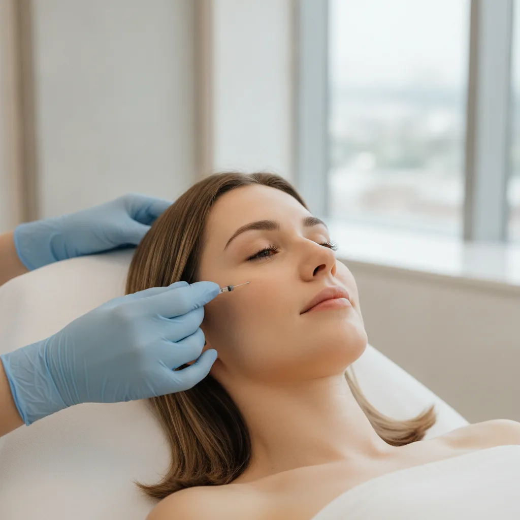 Close-up of a patient receiving a fine-needle skin-quality injection at a Gangnam aesthetic clinic.