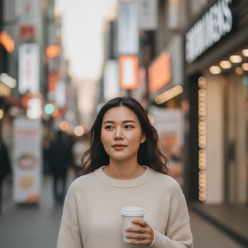 Thai woman walking down Apgujeong-rodeo street holding a coffee after a skin booster appointment