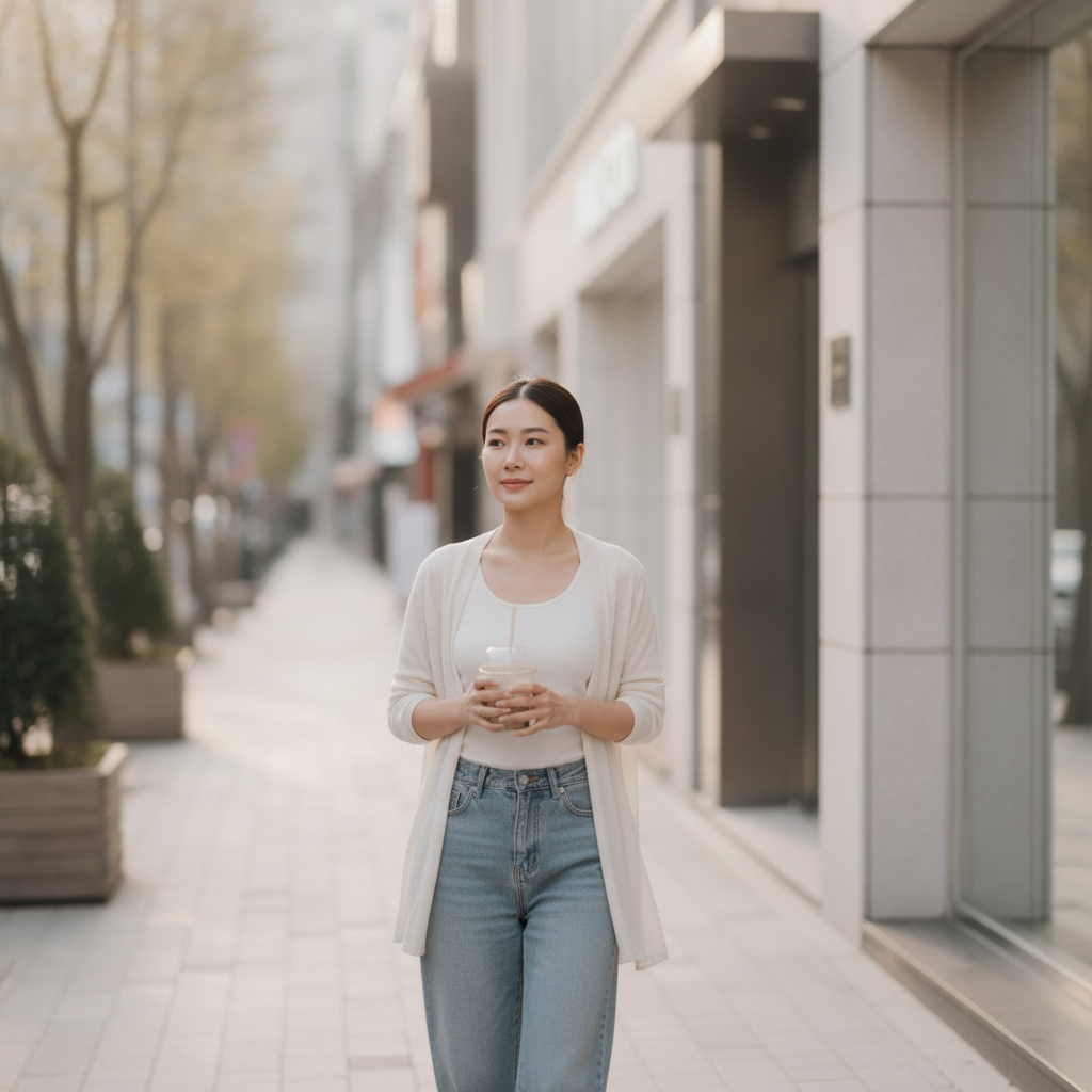 A patient walking through Apgujeong after a Seoul aesthetic clinic visit