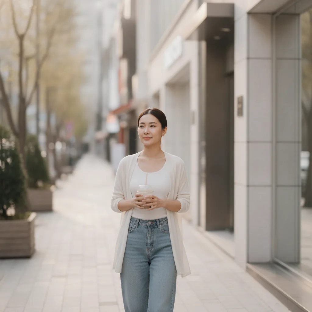 A patient walking through Apgujeong after a Seoul aesthetic clinic visit