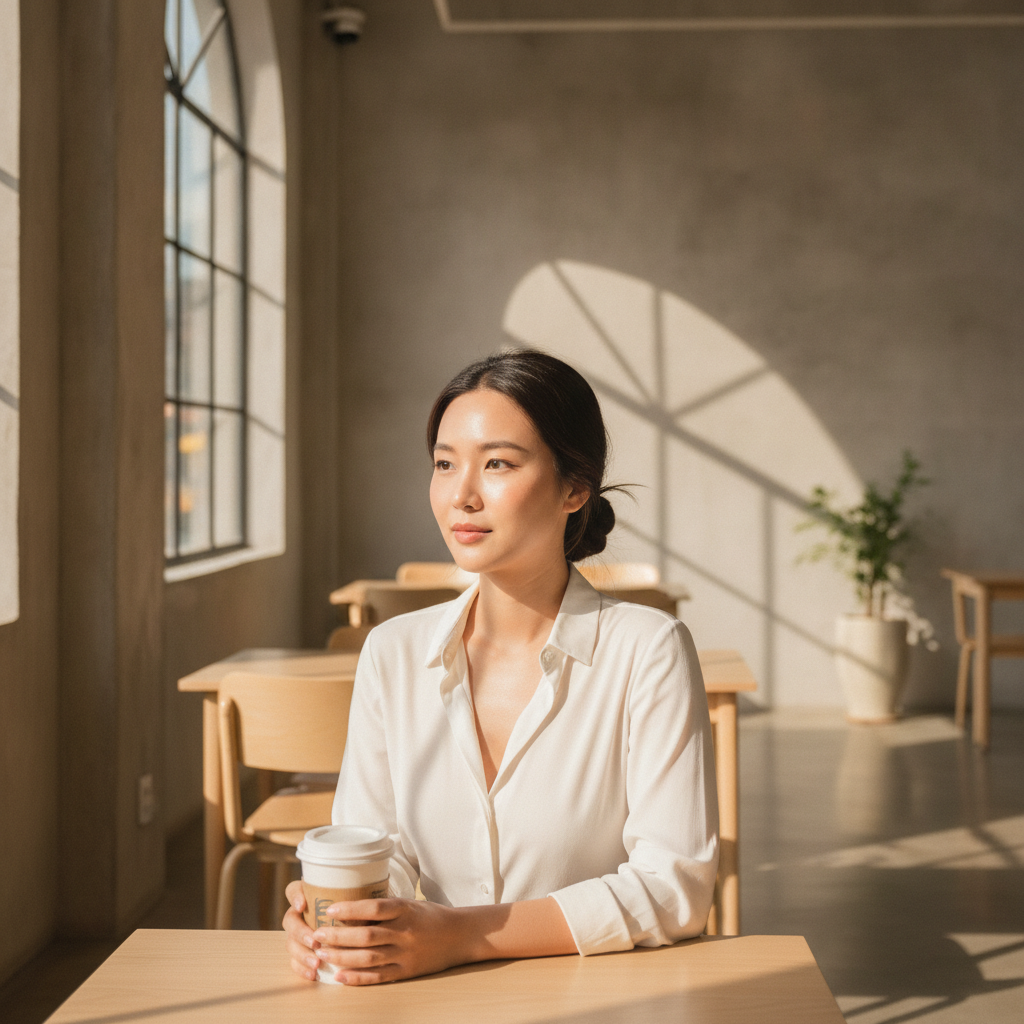 Thai woman in her late twenties holding coffee in a sunlit Seongsu café after a clinic visit