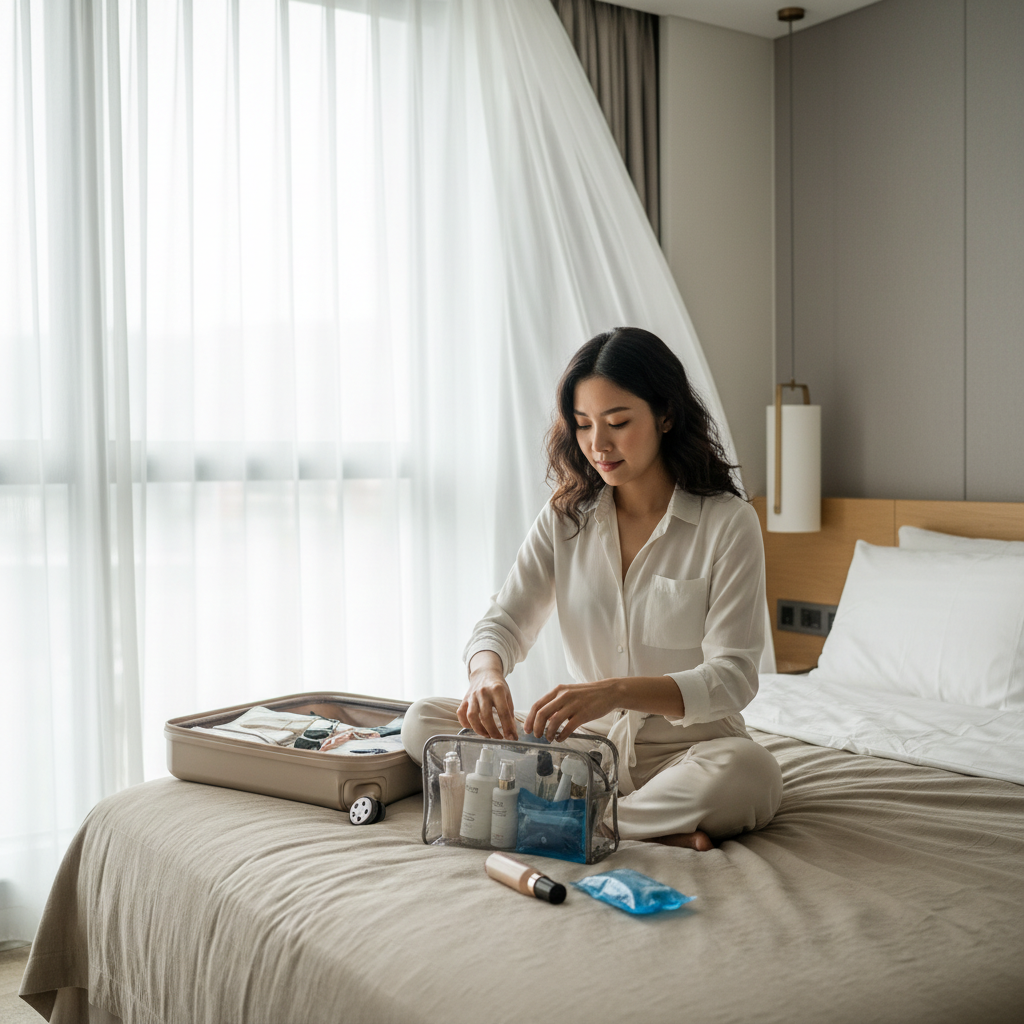 Woman packing skincare and an ice pack into a clear pouch in an Apgujeong hotel room.