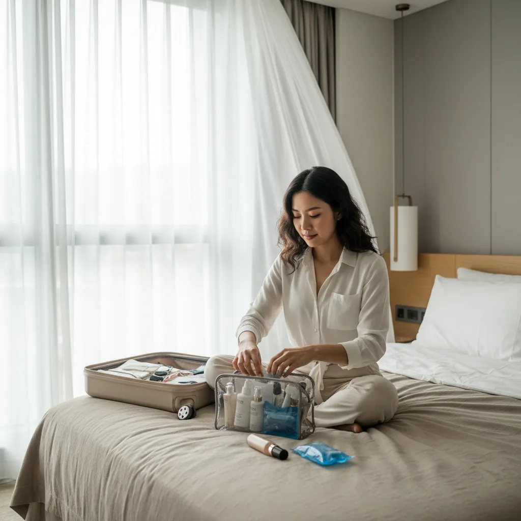 Woman packing skincare and an ice pack into a clear pouch in an Apgujeong hotel room.