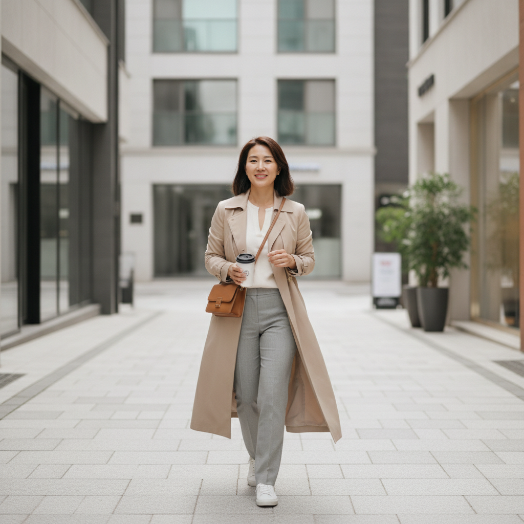 Mixed-race woman walking down an Apgujeong street with a coffee, soft post-treatment skin glow