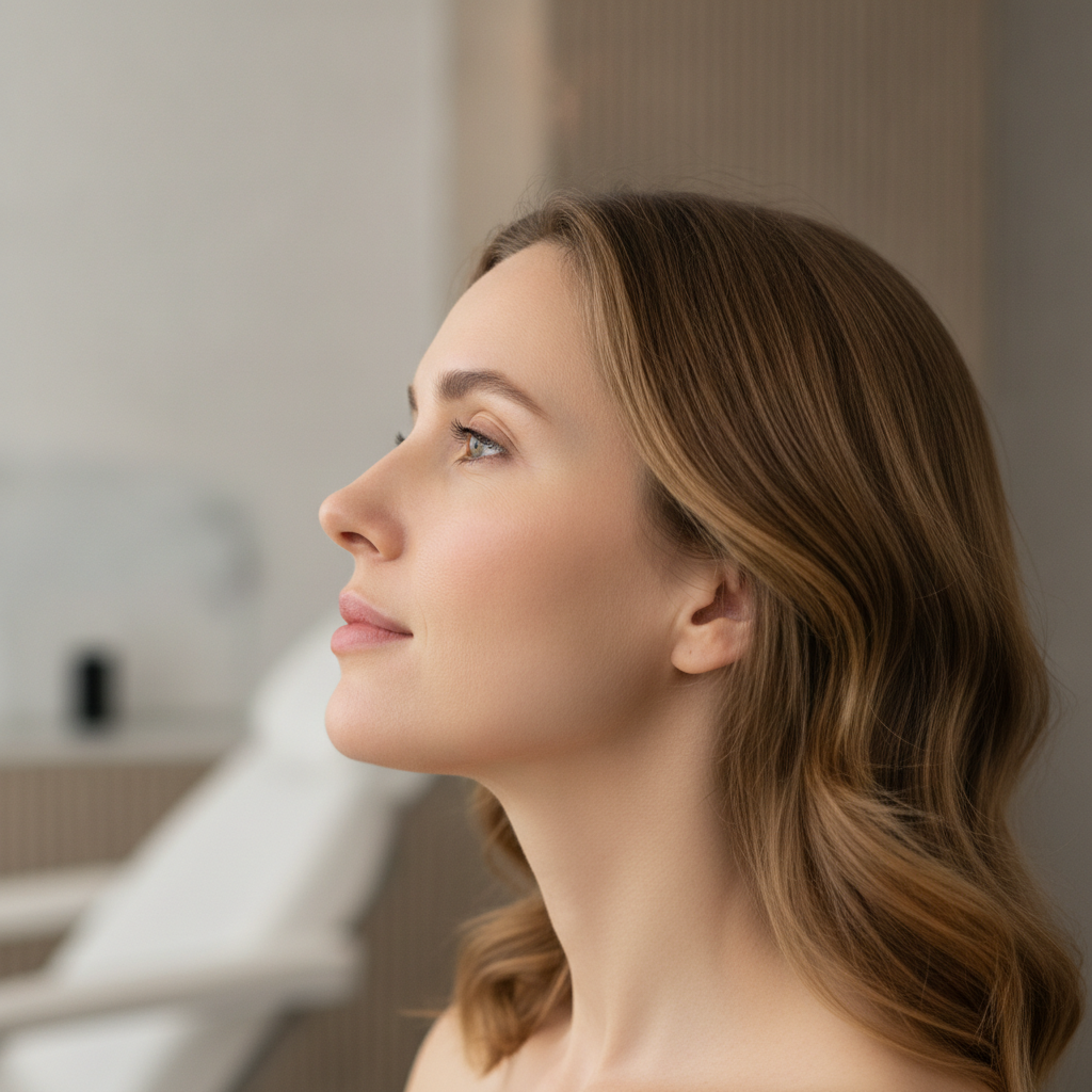 Profile close-up of a Caucasian woman in her early thirties lifting her chin to show the submental area in an Apgujeong clinic