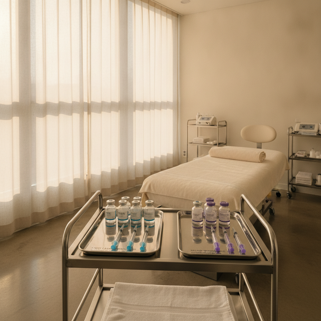 Two prepared injection trays on a stainless steel surface in a Seoul aesthetic clinic treatment room, representing Rejuran and skin booster options.