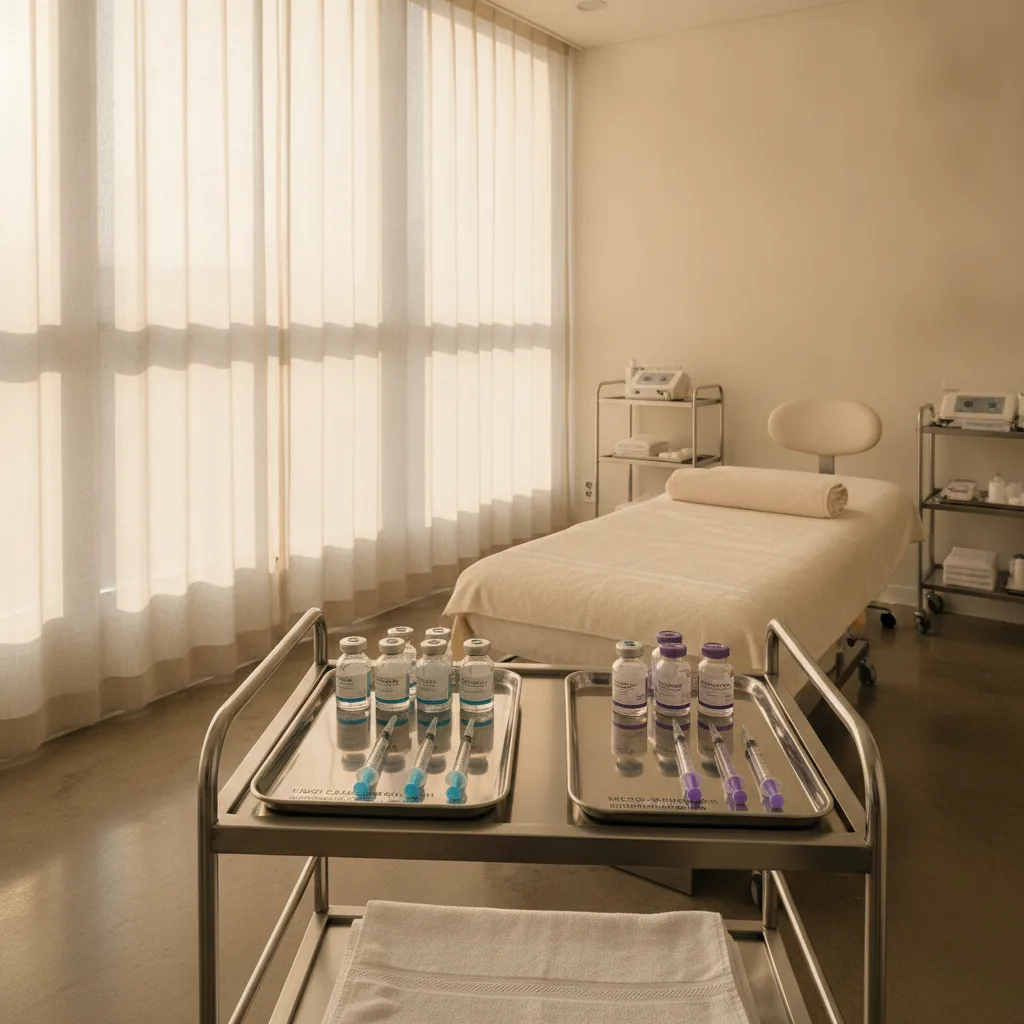 Two prepared injection trays on a stainless steel surface in a Seoul aesthetic clinic treatment room, representing Rejuran and skin booster options.