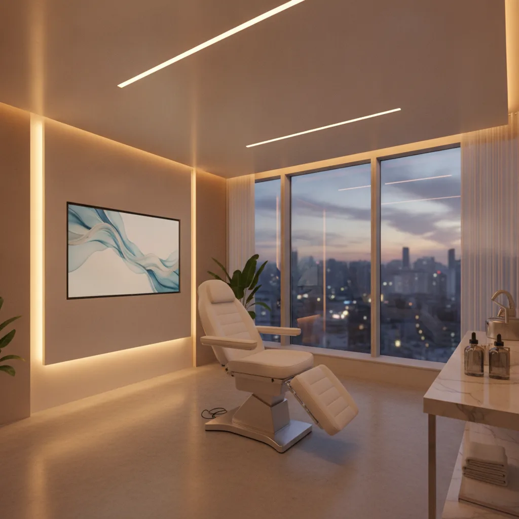 Modern aesthetic clinic treatment room in Seoul's Apgujeong district at dusk, empty treatment chair, minimalist neutral interior.