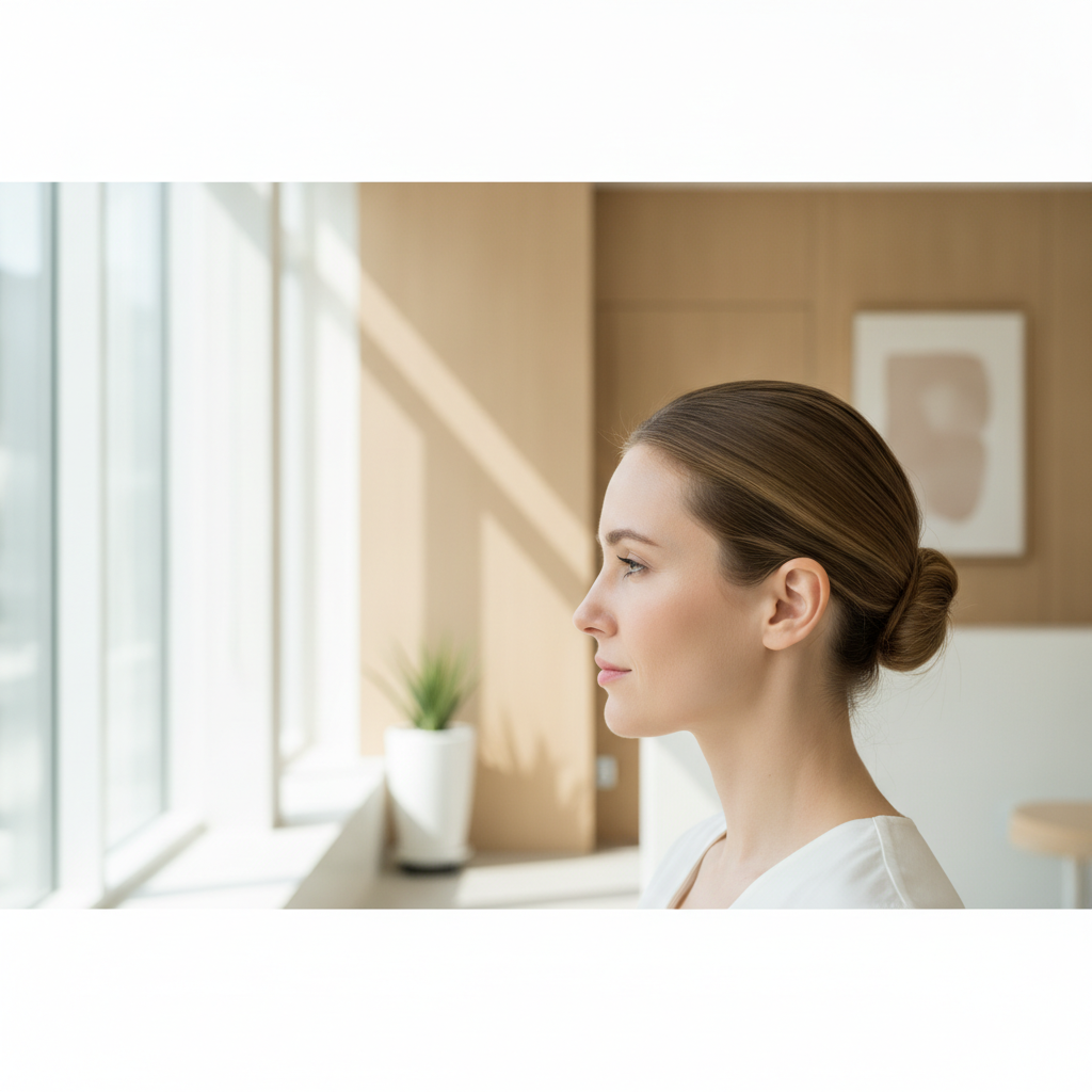 Profile view of a woman with a softened jawline in a bright Seoul aesthetic clinic