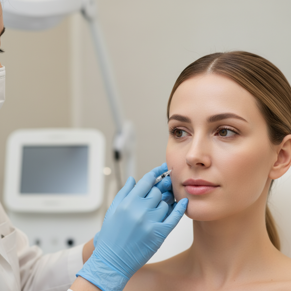 Close-up of a Caucasian patient receiving an exosome mesotherapy injection on the cheek in a Gangnam clinic