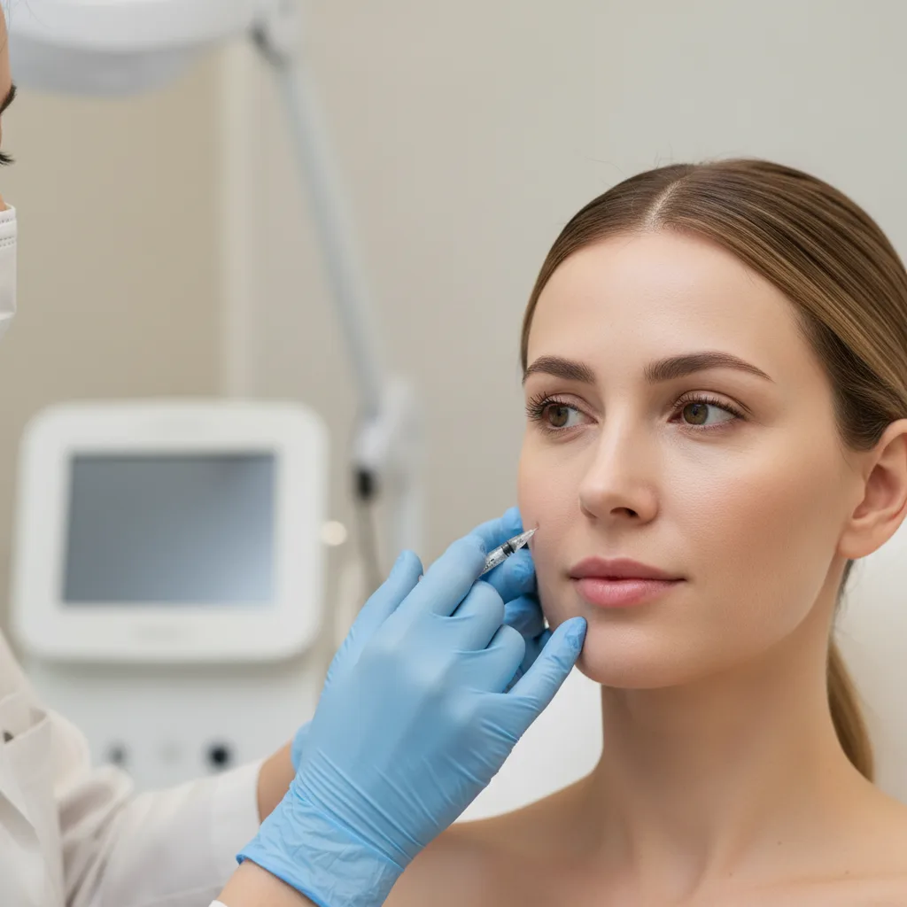 Close-up of a Caucasian patient receiving an exosome mesotherapy injection on the cheek in a Gangnam clinic