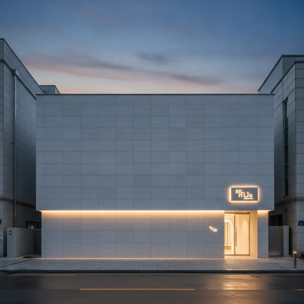 Modern Seoul aesthetic clinic exterior at dusk in the Gangnam district with soft glowing signage