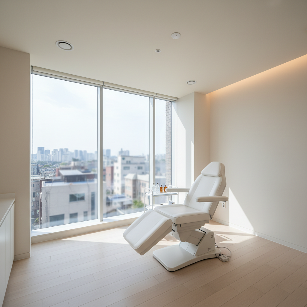 Modern aesthetic clinic treatment room in Apgujeong, Seoul, with a chair and exosome vials on an instrument tray