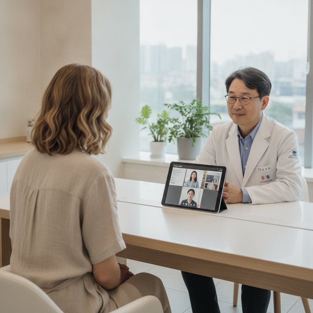 Western patient in an Apgujeong consultation room with a tablet showing a remote medical interpreter on a video call