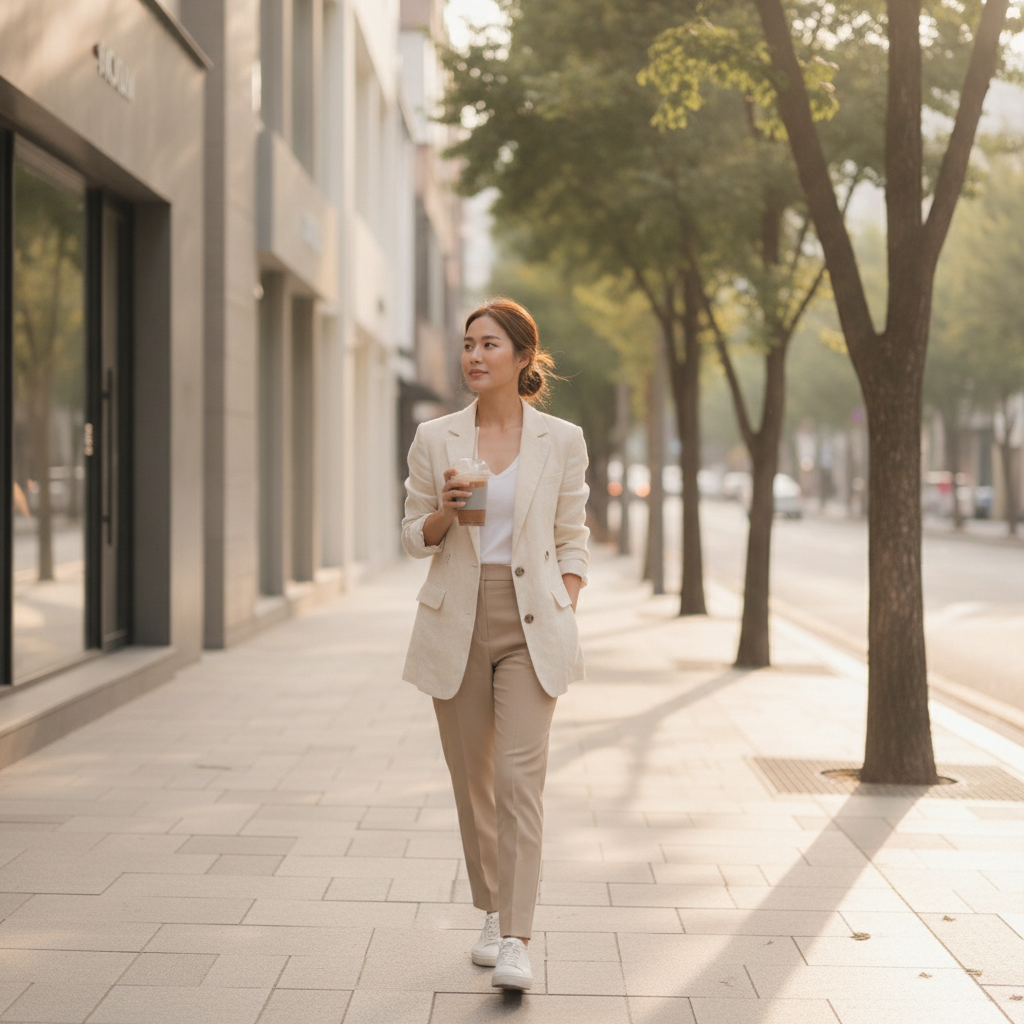 Thai woman walking an Apgujeong street in Seoul holding an iced coffee after an aesthetic clinic visit