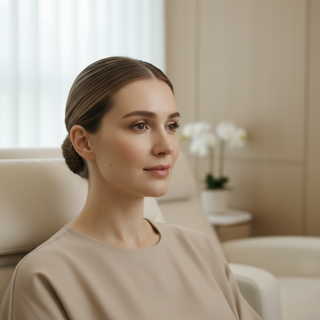 Close-up of a woman's jawline with faint pink injection marks in a bright clinic recovery room.