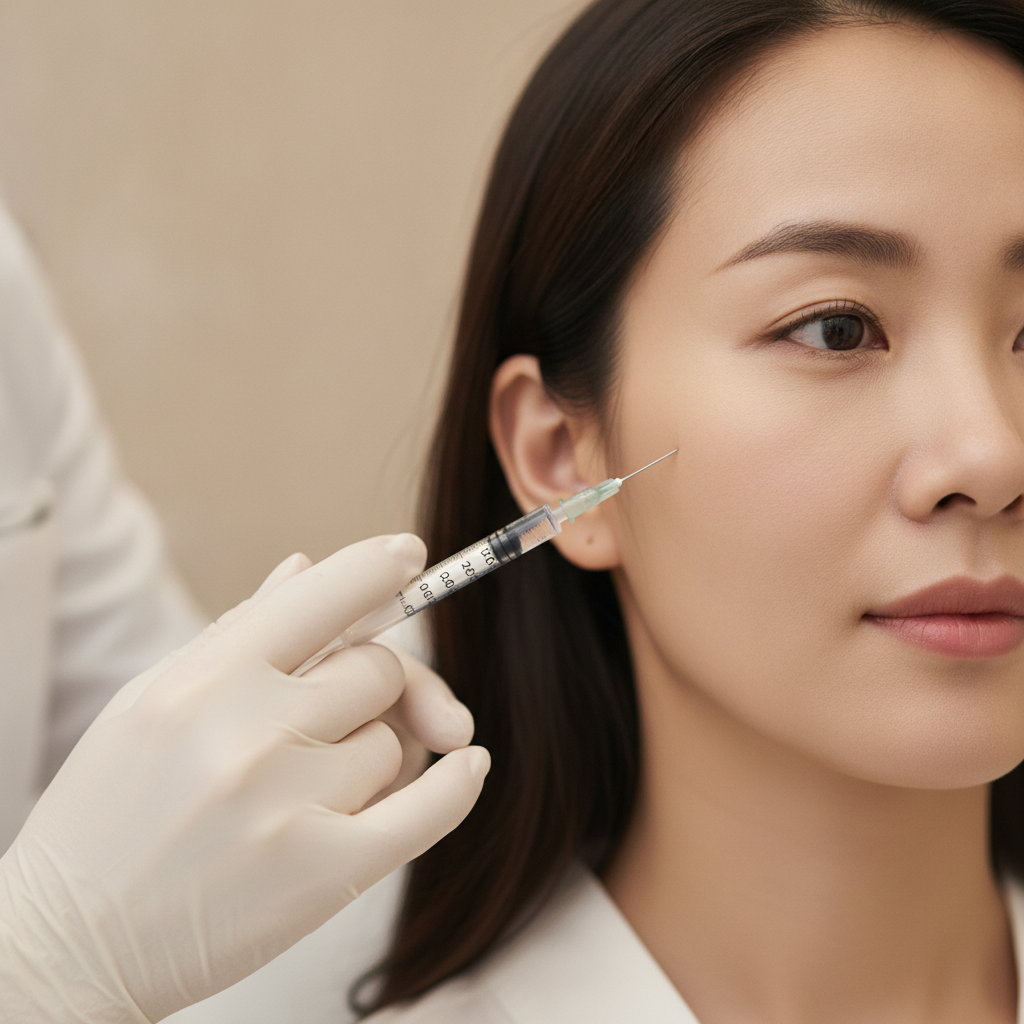 Doctor preparing a fine filler syringe near a patient's mid-face in a minimalist Apgujeong treatment room
