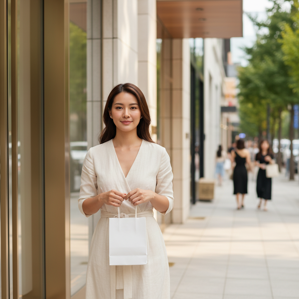 Thai woman with glowing skin walking out of a modern aesthetic clinic in Cheongdam, Seoul, holding a skincare bag after treatment