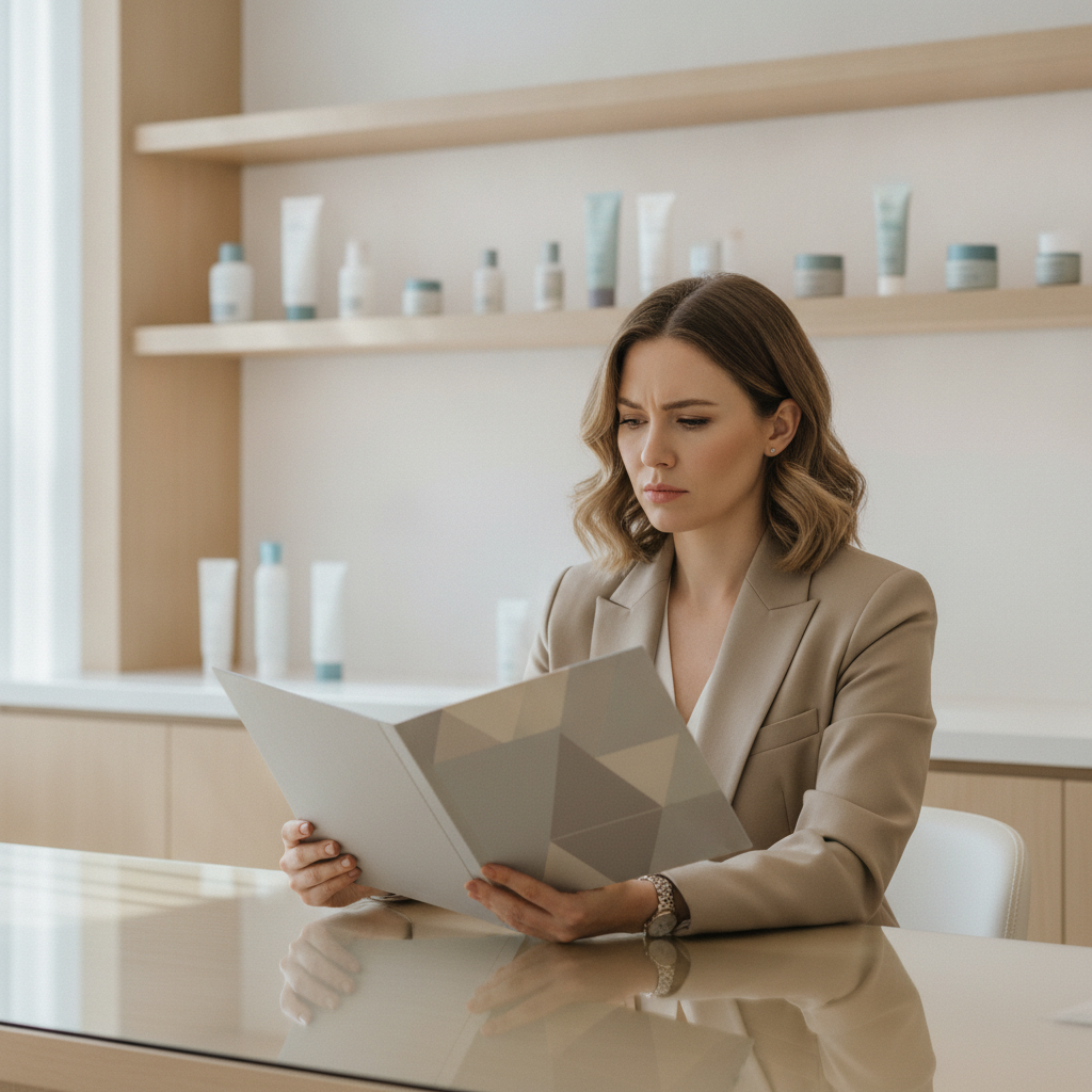 Woman reviewing a clinic price-list folder at a consultation desk in a Gangnam aesthetic clinic