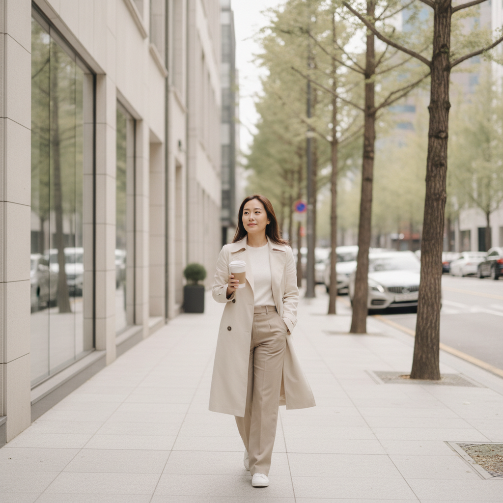 Woman walking an Apgujeong street with coffee after a Seoul jaw slimming appointment