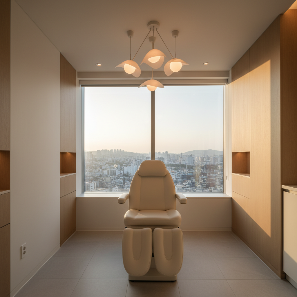 Interior of a modern Gangnam aesthetic clinic consultation room with a cream leather treatment chair and soft afternoon light.