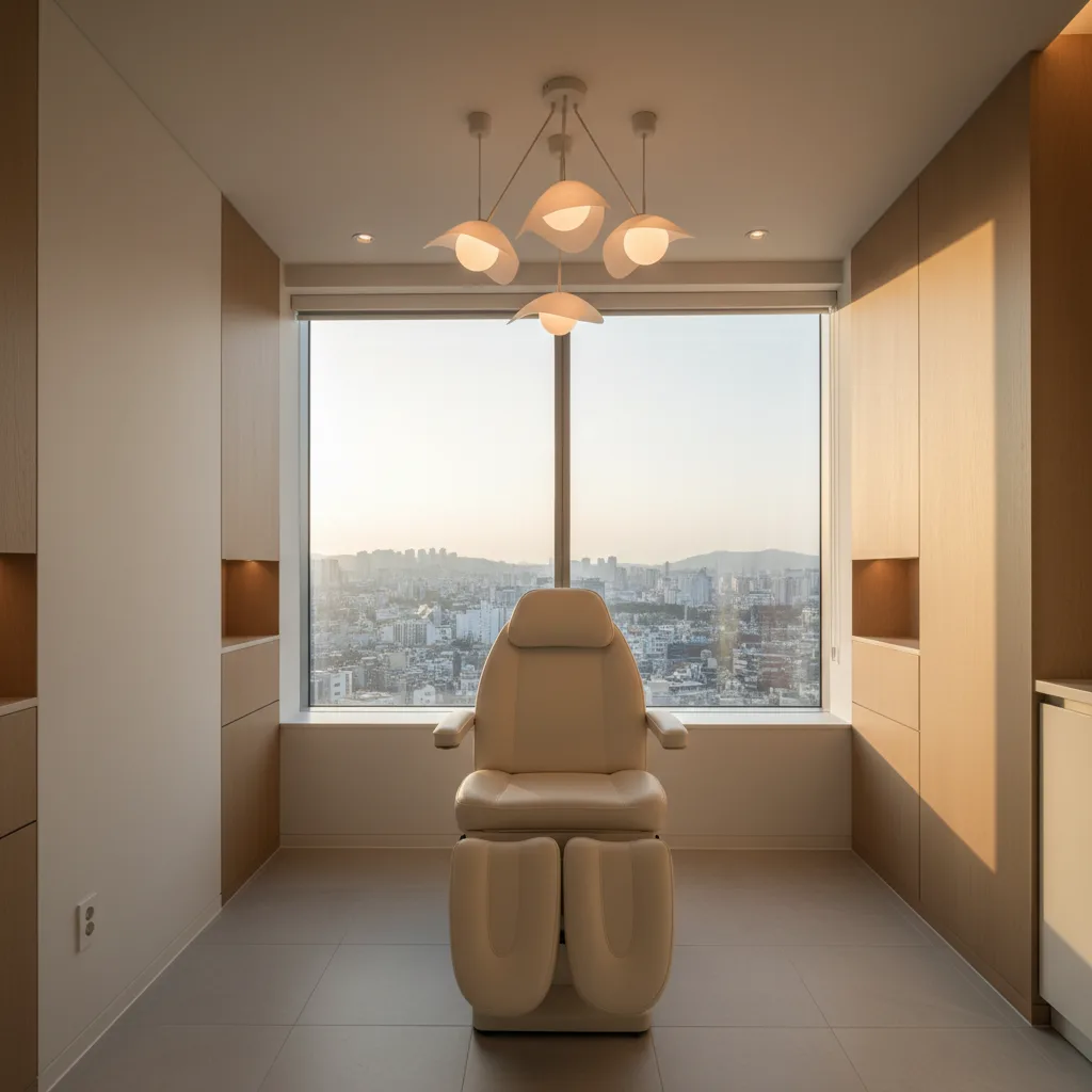Interior of a modern Gangnam aesthetic clinic consultation room with a cream leather treatment chair and soft afternoon light.