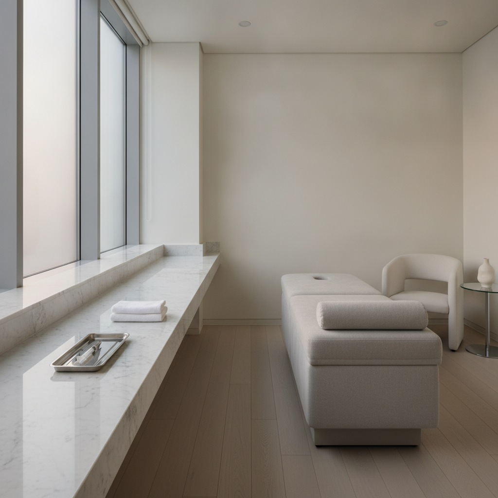 Apgujeong aesthetic clinic treatment room at dusk with a single syringe tray on a marble counter