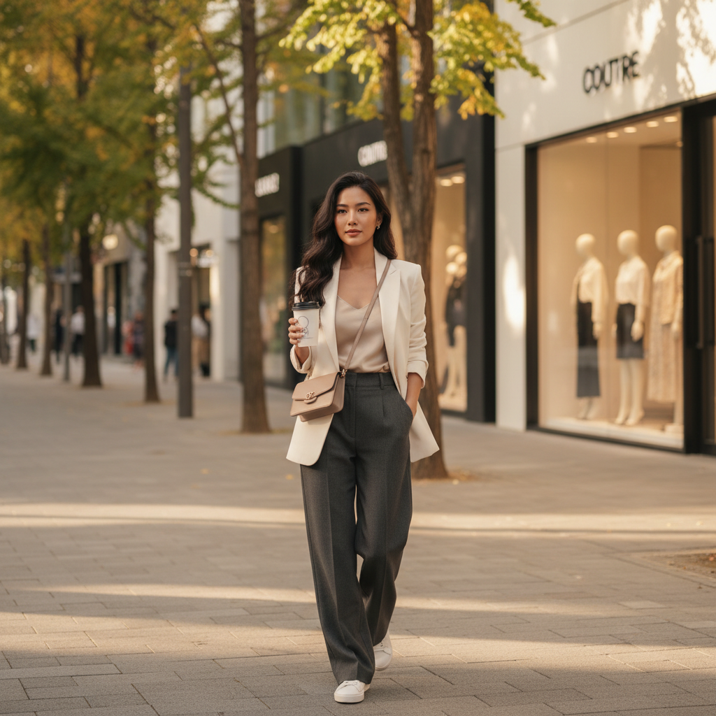 Patient walking past designer storefronts on a Cheongdam-dong street after an aesthetic clinic appointment.
