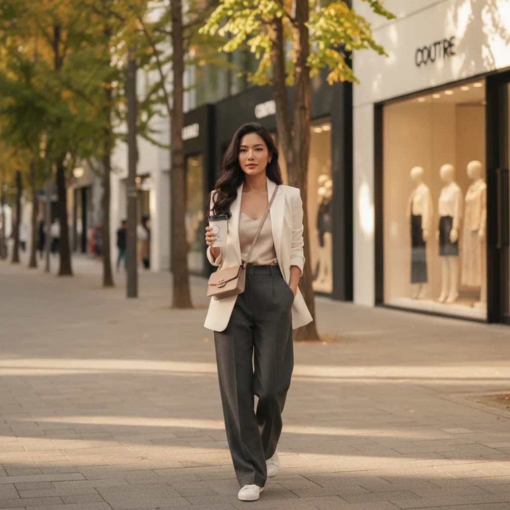 Patient walking past designer storefronts on a Cheongdam-dong street after an aesthetic clinic appointment.