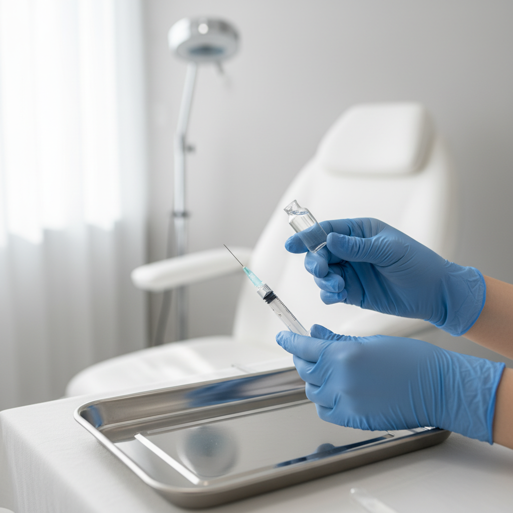 Clinician's blue-gloved hands holding a small vial and ultrafine needle syringe on a stainless steel tray in a Seoul clinic procedure room.