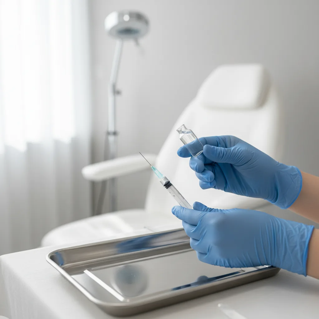 Clinician's blue-gloved hands holding a small vial and ultrafine needle syringe on a stainless steel tray in a Seoul clinic procedure room.