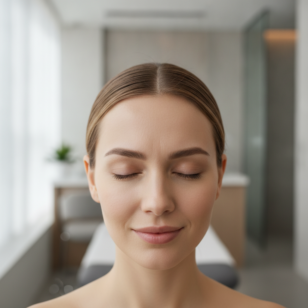 Close-up of a Caucasian woman's forehead and brow at a Gangnam aesthetic clinic, faint expression lines visible