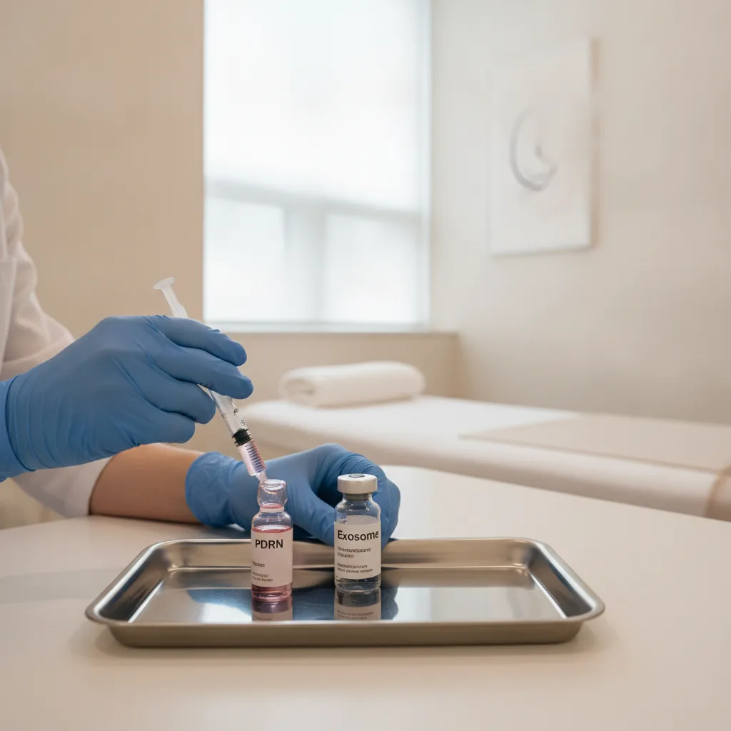 Stainless tray with a pink-tinted PDRN ampoule and a clear exosome serum vial in a Gangnam aesthetic clinic