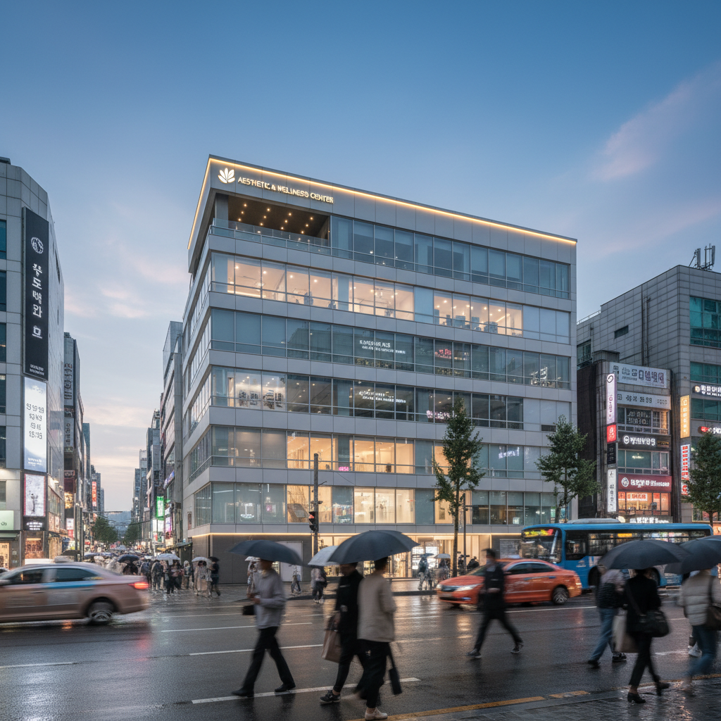 Myeongdong district Seoul at dusk with aesthetic clinic signage visible on upper floors above the pedestrian street