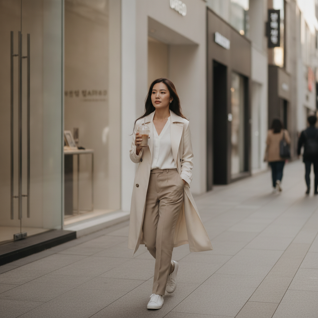 Thai woman in her late twenties walking down a Cheongdam street in Seoul, holding an iced coffee, jawline visible in late afternoon light