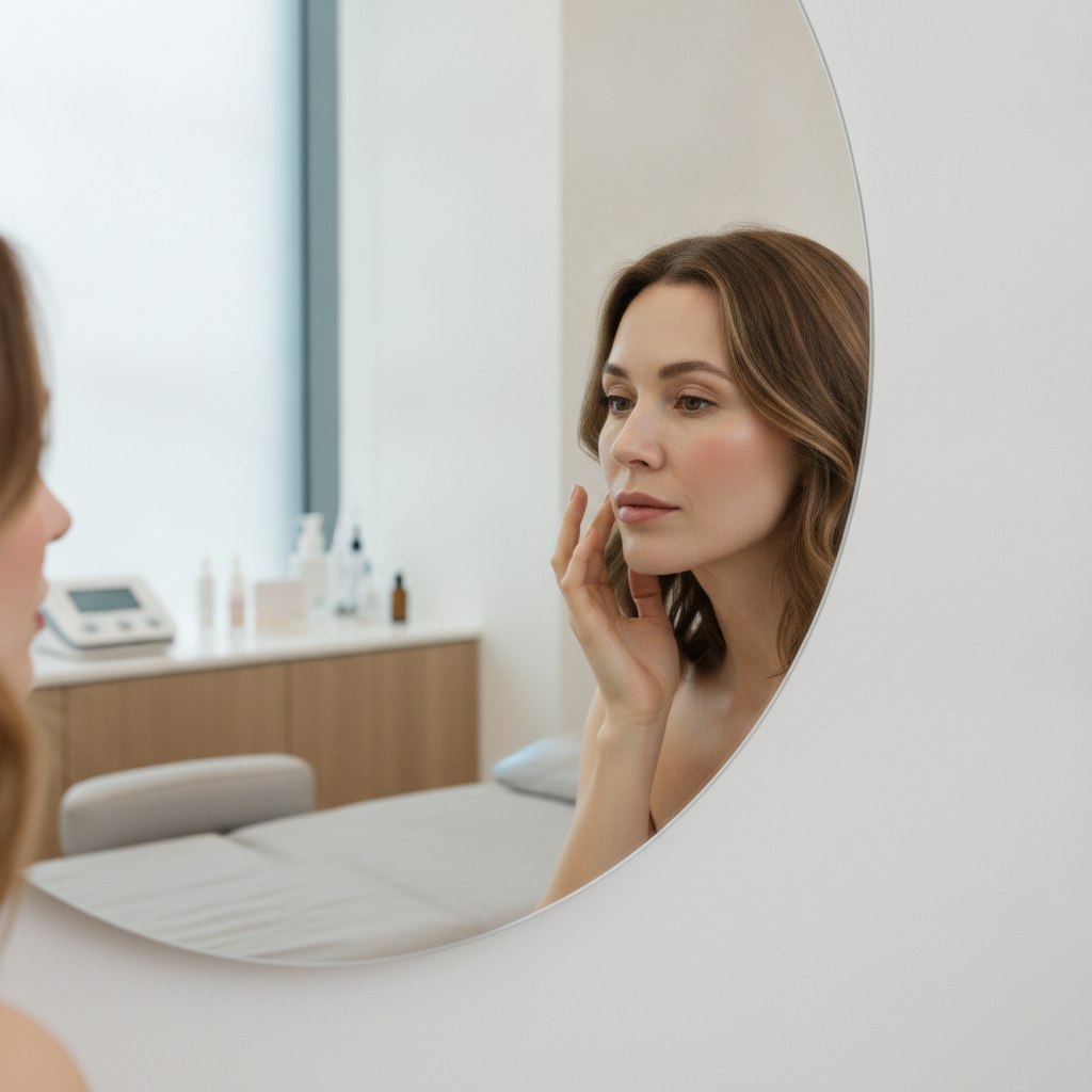 Western woman checking her cheek in a Seoul clinic mirror after a skin booster session
