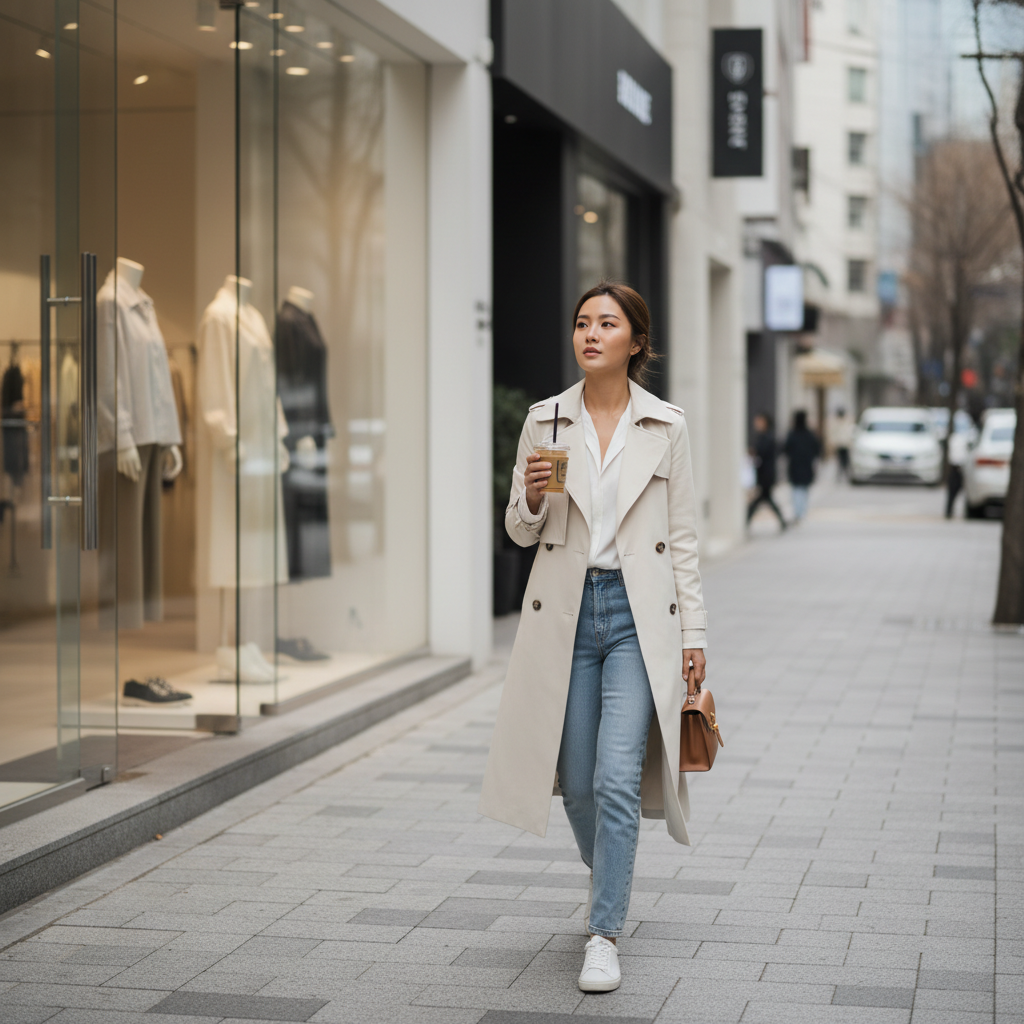 Pan-Asian woman walking an Apgujeong street post-treatment with a coffee in hand