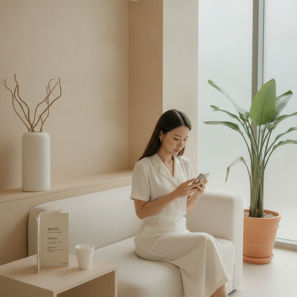 Southeast Asian patient in a Cheongdam clinic lobby reading a Korean treatment menu while a translation app is open on her phone