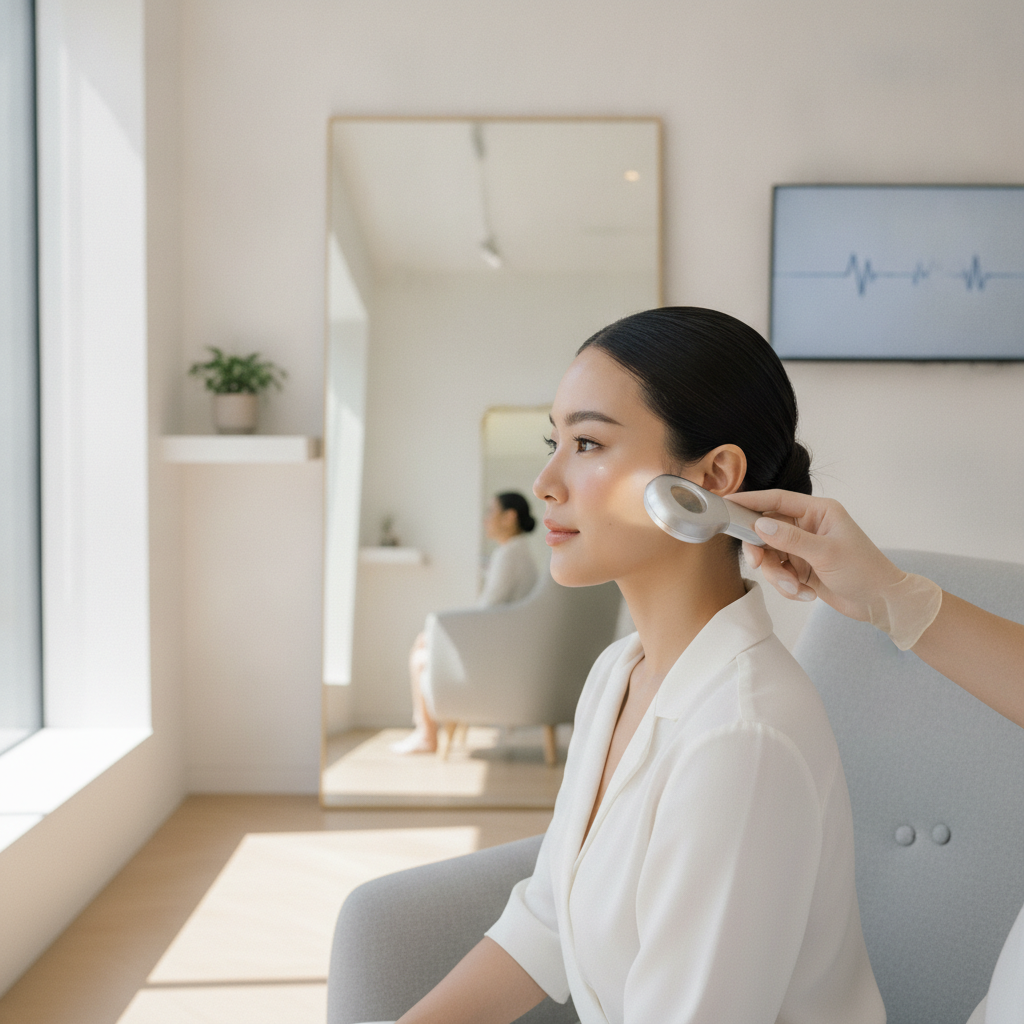 Thai woman in her late twenties receiving a side-profile skin assessment in a minimalist Hongdae aesthetic clinic consultation room