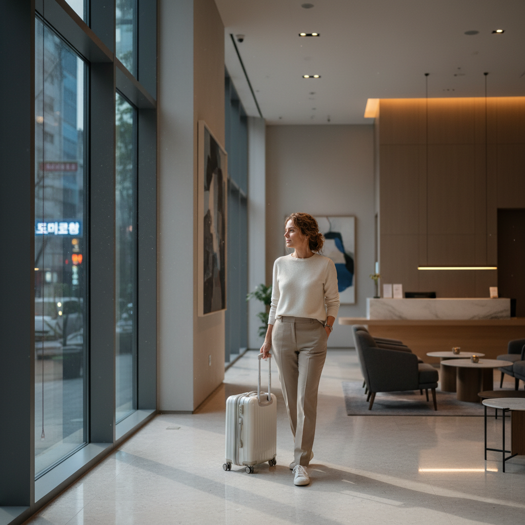 Woman with a small suitcase in a modern Gangnam hotel lobby, soft evening light.